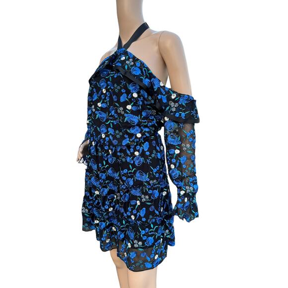 Alexia Admor Floral Embroidered Off-Shoulder Halter Dress, Black & Blue, Size 8 - Picture 6 of 12